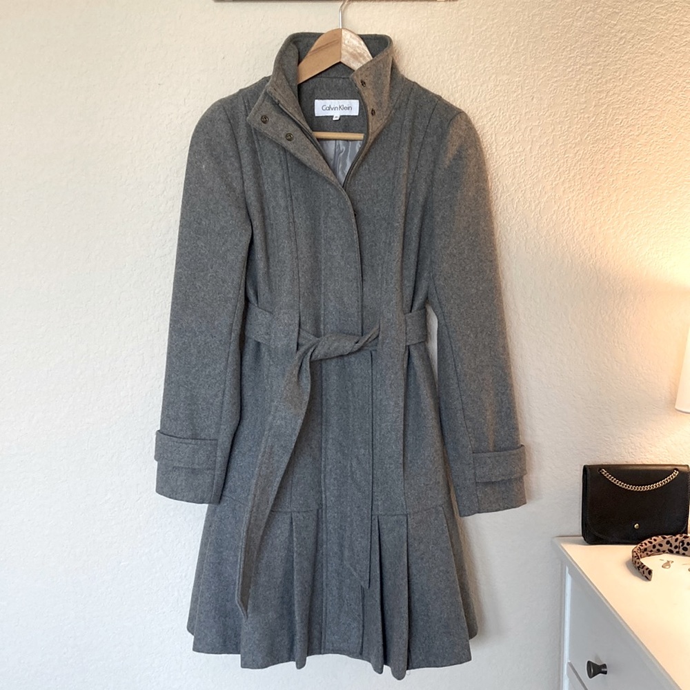 Calvin Klein - Light gray medium length wool coat.